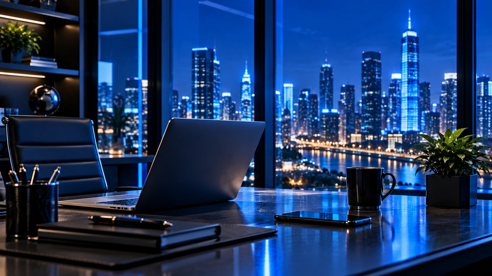 Night city office workspace